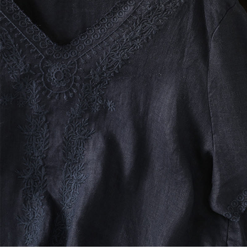T-shirt d'été décontracté en coton et lin à manches mi-longues et col en V pour femme, motif Buddha Stones , brodé de plantes - image 18