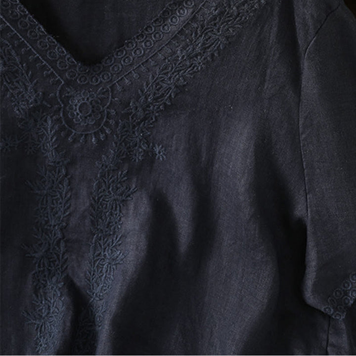 T-shirt d'été décontracté en coton et lin à manches mi-longues et col en V pour femme, motif Buddha Stones , brodé de plantes - image 18