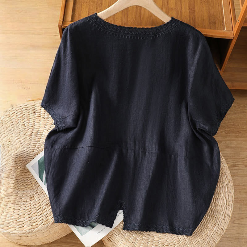 T-shirt d'été décontracté en coton et lin à manches mi-longues et col en V pour femme, motif Buddha Stones , brodé de plantes - image 15