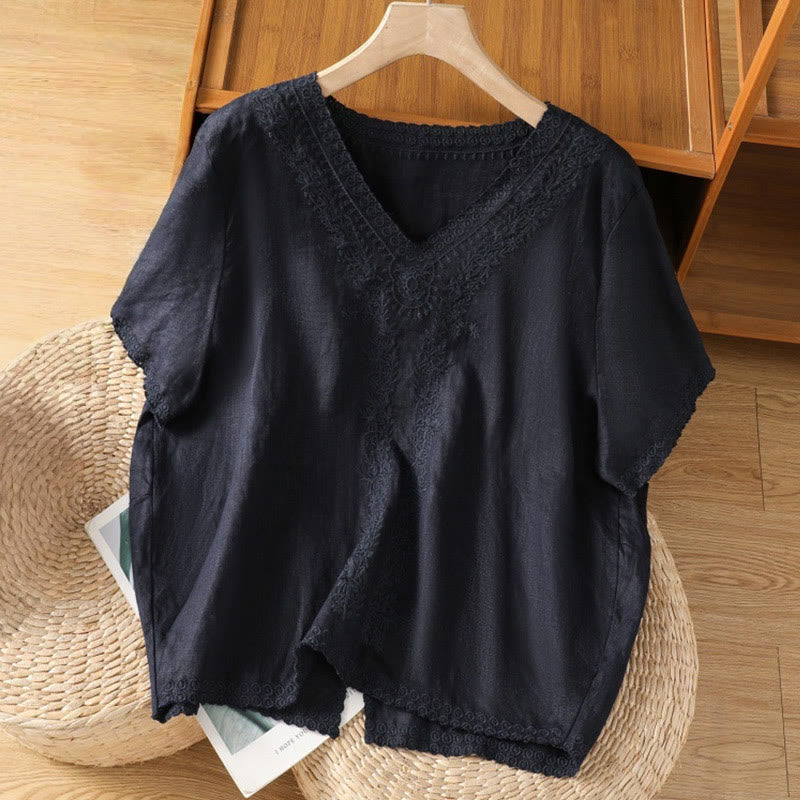 T-shirt d'été décontracté en coton et lin à manches mi-longues et col en V pour femme, motif Buddha Stones , brodé de plantes - Marine - US14，UK/AU18，EU46 (2XL) - image 14