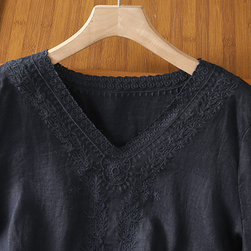 T-shirt d'été décontracté en coton et lin à manches mi-longues et col en V pour femme, motif Buddha Stones , brodé de plantes - image 17