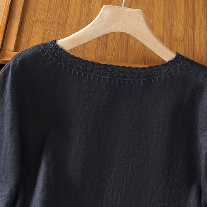 T-shirt d'été décontracté en coton et lin à manches mi-longues et col en V pour femme, motif Buddha Stones , brodé de plantes - image 16