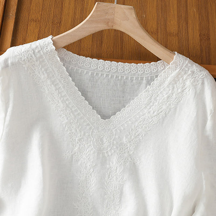 T-shirt d'été décontracté en coton et lin à manches mi-longues et col en V pour femme, motif Buddha Stones , brodé de plantes - image 22