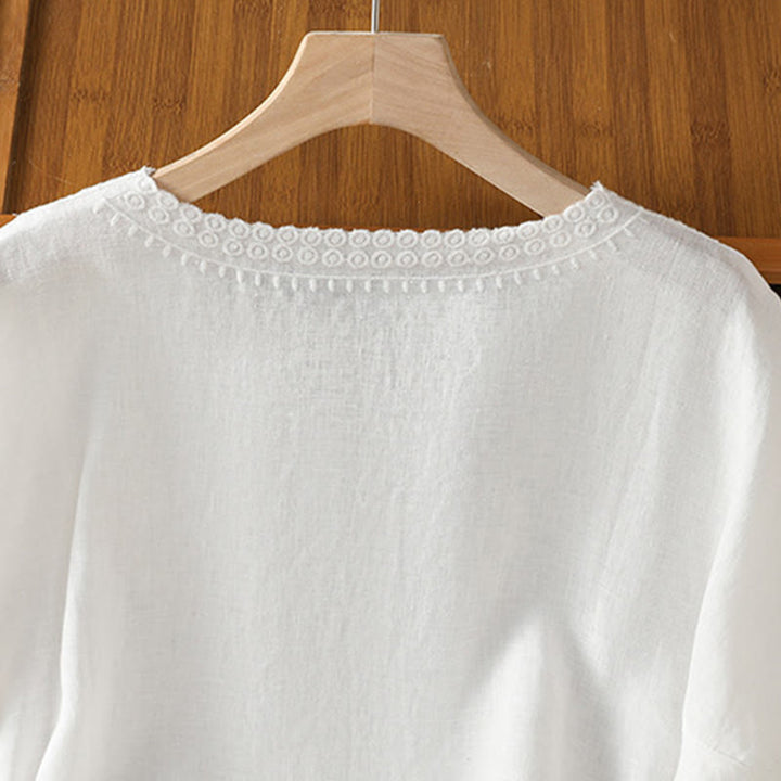 T-shirt d'été décontracté en coton et lin à manches mi-longues et col en V pour femme, motif Buddha Stones , brodé de plantes - image 21