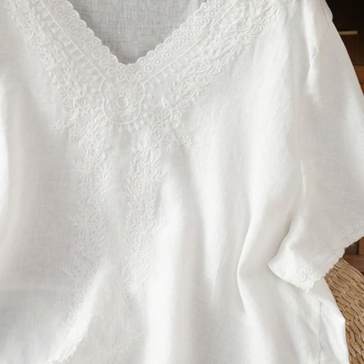 T-shirt d'été décontracté en coton et lin à manches mi-longues et col en V pour femme, motif Buddha Stones , brodé de plantes - image 23