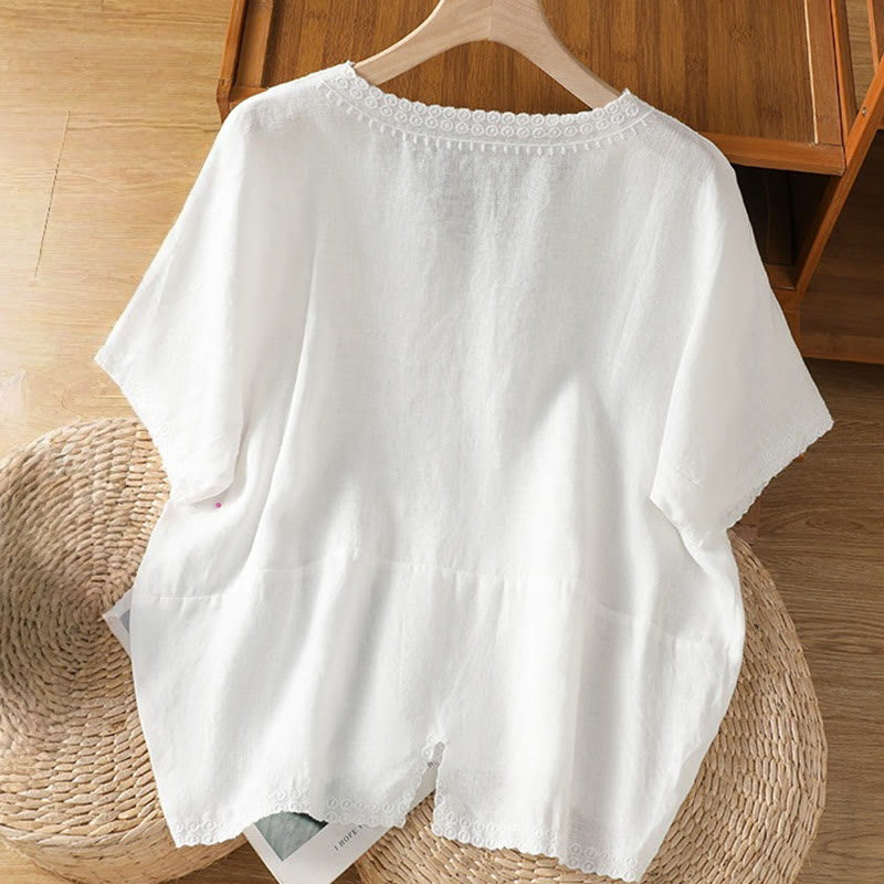 T-shirt d'été décontracté en coton et lin à manches mi-longues et col en V pour femme, motif Buddha Stones , brodé de plantes - image 20