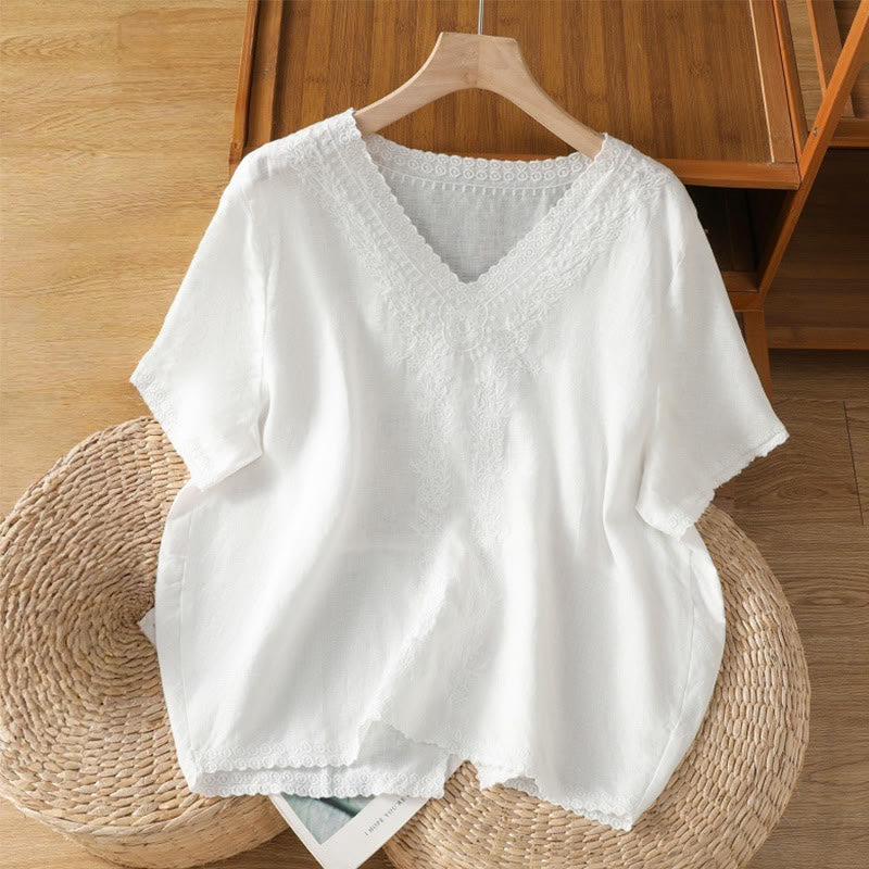 T-shirt d'été décontracté en coton et lin à manches mi-longues et col en V pour femme, motif Buddha Stones , brodé de plantes - Blanc - US14，UK/AU18，EU46 (2XL) - image 19