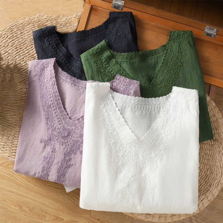 T-shirt d'été décontracté en coton et lin à manches mi-longues et col en V pour femme, motif Buddha Stones , brodé de plantes - image 26