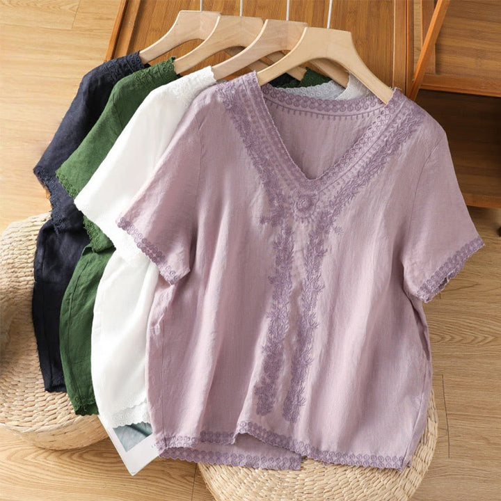 T-shirt d'été décontracté en coton et lin à manches mi-longues et col en V pour femme, motif Buddha Stones , brodé de plantes - image 25