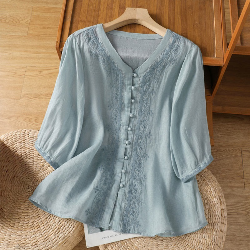 Chemise décontractée à manches mi-longues et col en V pour femme, en polyester, avec broderie Buddha Stones et boutons grenouille - Bleu ciel - US12，UK/AU16，EU44 (2XL) - image 5