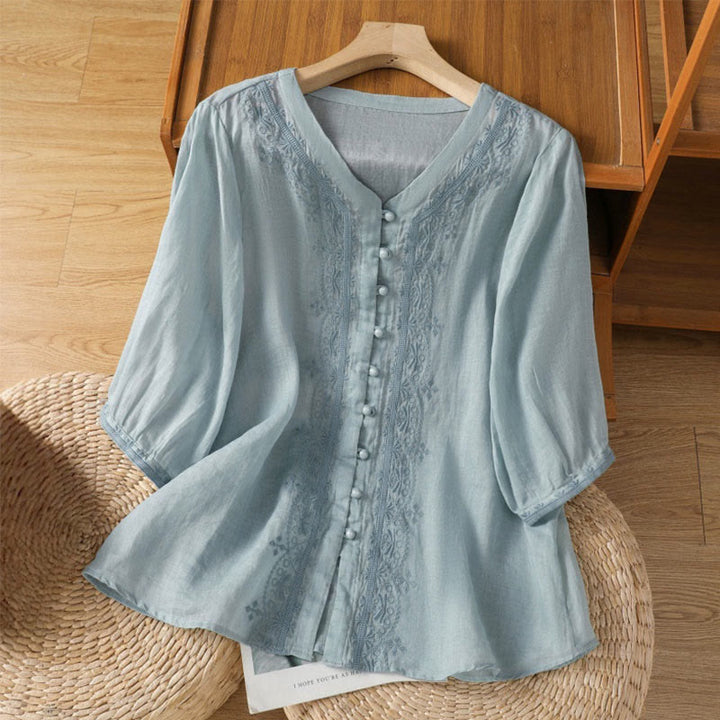 Chemise décontractée à manches mi-longues et col en V pour femme, en polyester, avec broderie Buddha Stones et boutons grenouille - Bleu ciel - US12，UK/AU16，EU44 (2XL) - image 5