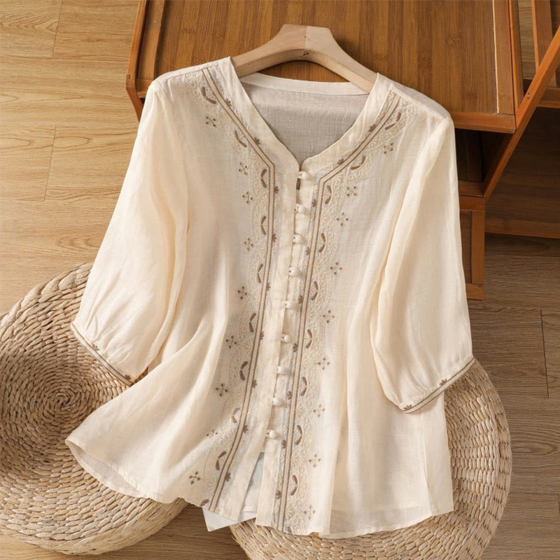Chemise décontractée à manches mi-longues et col en V pour femme, en polyester, avec broderie Buddha Stones et boutons grenouille - Beige - US12，UK/AU16，EU44 (2XL) - image 0