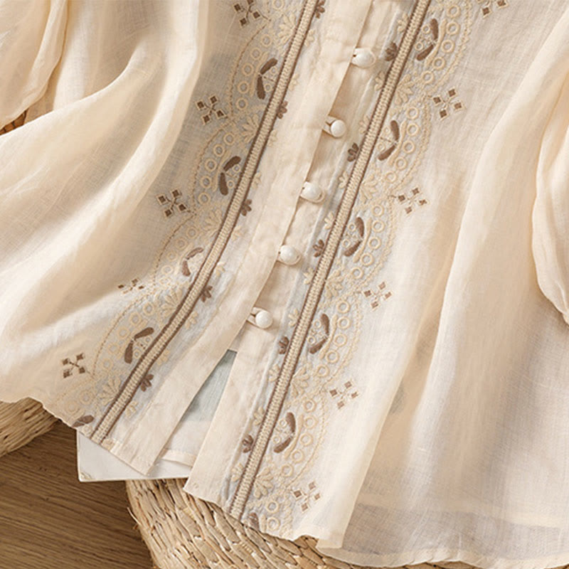 Chemise décontractée à manches mi-longues et col en V pour femme, en polyester, avec broderie Buddha Stones et boutons grenouille - image 4