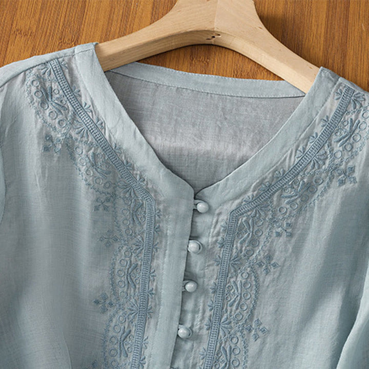 Chemise décontractée à manches mi-longues et col en V pour femme, en polyester, avec broderie Buddha Stones et boutons grenouille - image 9
