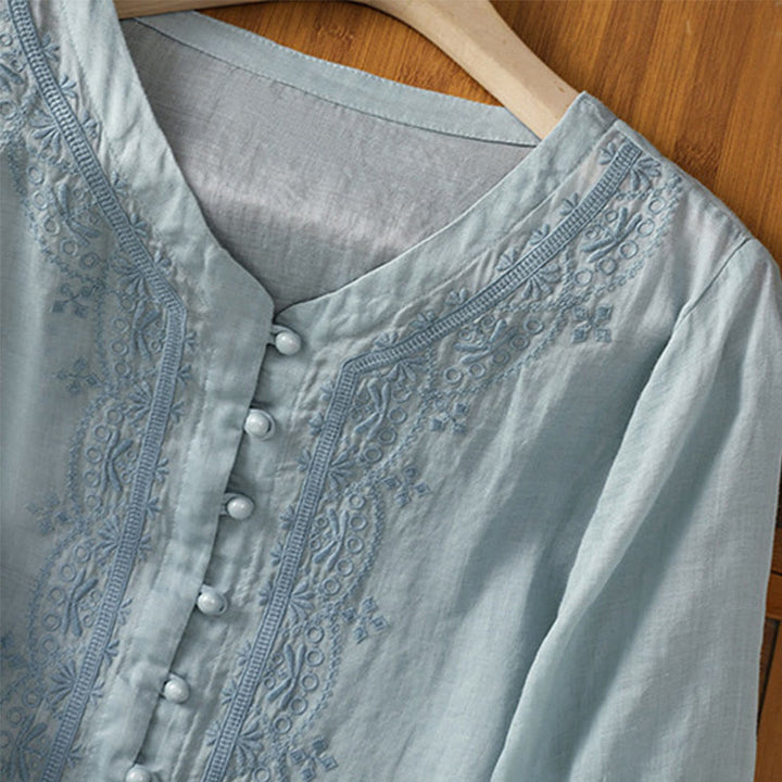 Chemise décontractée à manches mi-longues et col en V pour femme, en polyester, avec broderie Buddha Stones et boutons grenouille - image 8