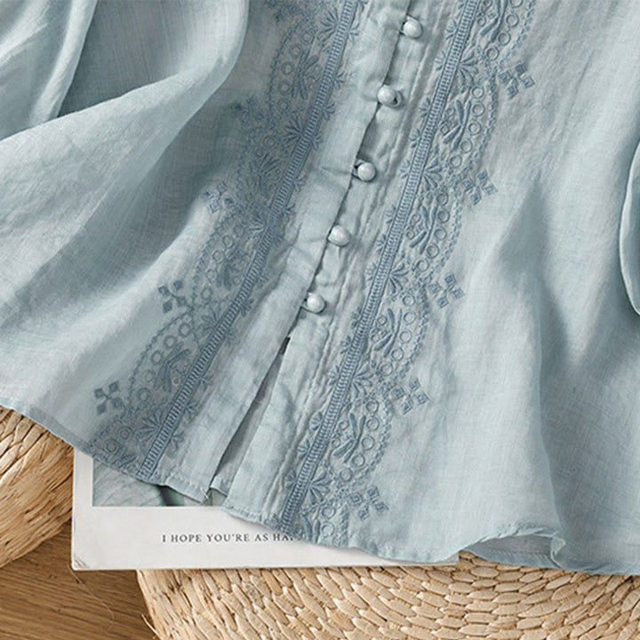 Chemise décontractée à manches mi-longues et col en V pour femme, en polyester, avec broderie Buddha Stones et boutons grenouille - image 10