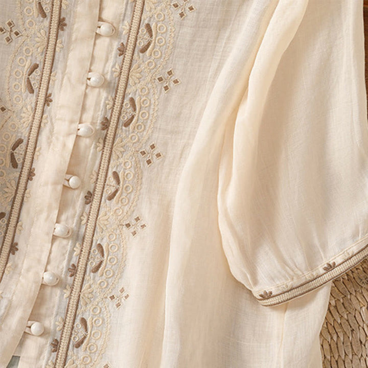 Chemise décontractée à manches mi-longues et col en V pour femme, en polyester, avec broderie Buddha Stones et boutons grenouille - image 3