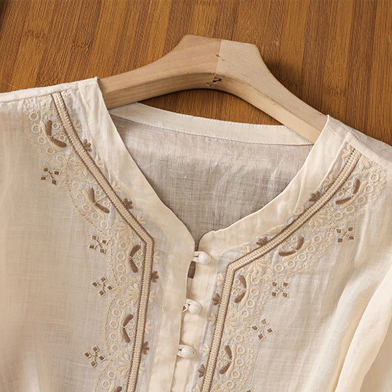 Chemise décontractée à manches mi-longues et col en V pour femme, en polyester, avec broderie Buddha Stones et boutons grenouille - image 1