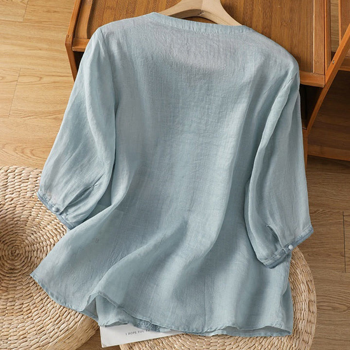 Chemise décontractée à manches mi-longues et col en V pour femme, en polyester, avec broderie Buddha Stones et boutons grenouille - image 6