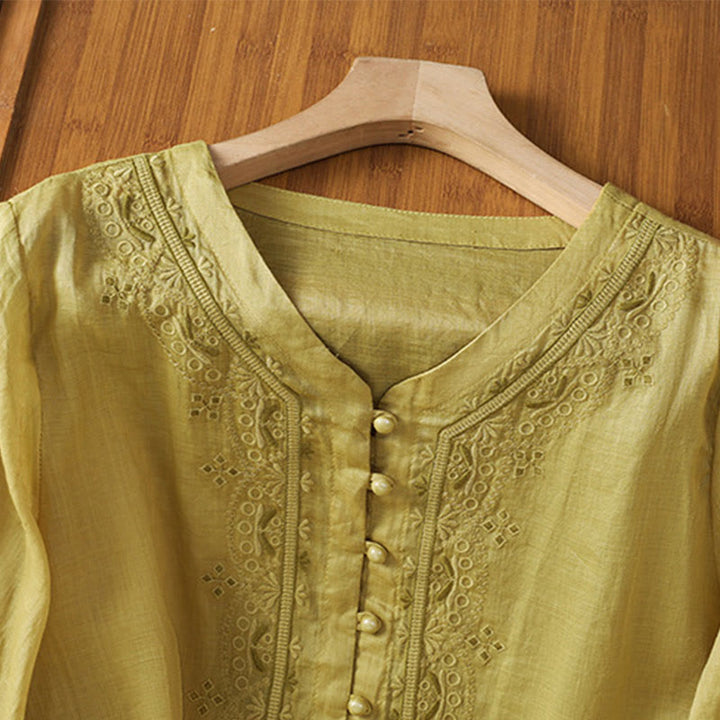 Chemise décontractée à manches mi-longues et col en V pour femme, en polyester, avec broderie Buddha Stones et boutons grenouille - image 14