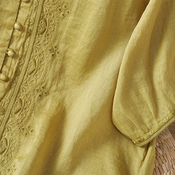 Chemise décontractée à manches mi-longues et col en V pour femme, en polyester, avec broderie Buddha Stones et boutons grenouille - image 13