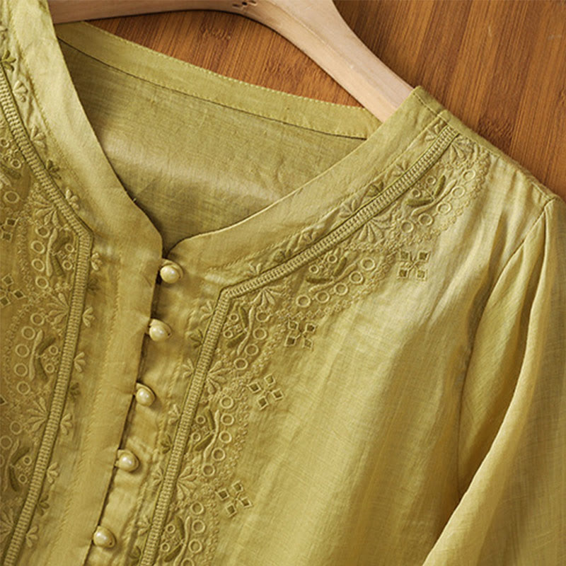 Chemise décontractée à manches mi-longues et col en V pour femme, en polyester, avec broderie Buddha Stones et boutons grenouille - image 16