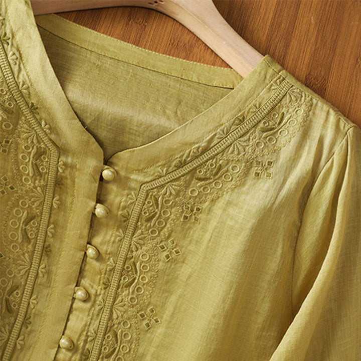 Chemise décontractée à manches mi-longues et col en V pour femme, en polyester, avec broderie Buddha Stones et boutons grenouille - image 16