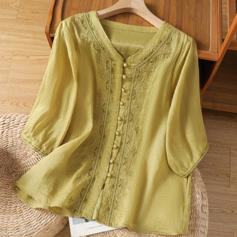 Chemise décontractée à manches mi-longues et col en V pour femme, en polyester, avec broderie Buddha Stones et boutons grenouille - Kaki foncé - US12，UK/AU16，EU44 (2XL) - image 11