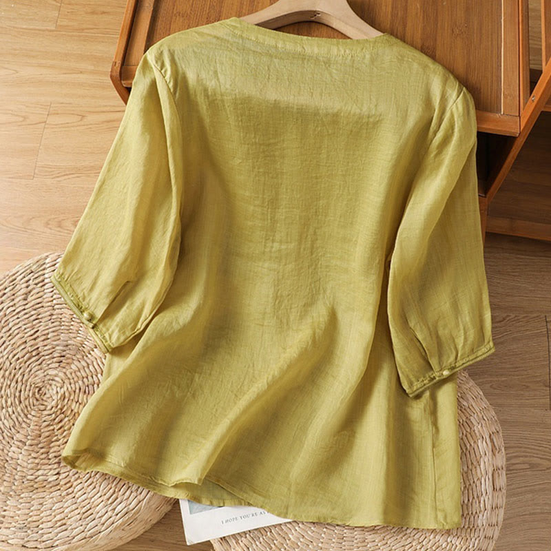 Chemise décontractée à manches mi-longues et col en V pour femme, en polyester, avec broderie Buddha Stones et boutons grenouille - image 12