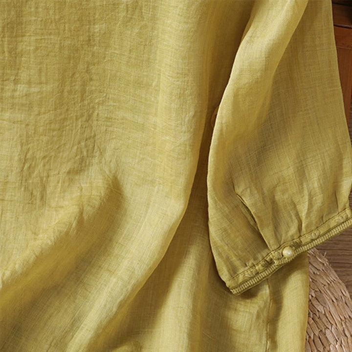 Chemise décontractée à manches mi-longues et col en V pour femme, en polyester, avec broderie Buddha Stones et boutons grenouille - image 15