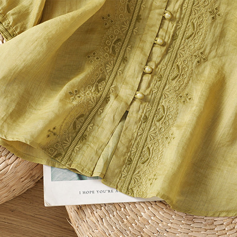 Chemise décontractée à manches mi-longues et col en V pour femme, en polyester, avec broderie Buddha Stones et boutons grenouille - image 17