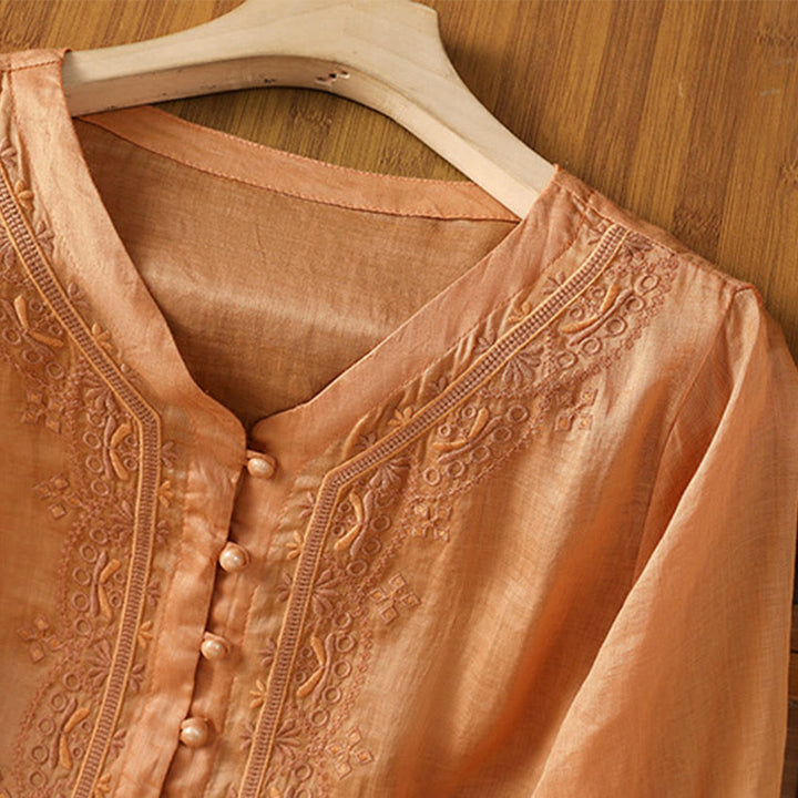 Chemise décontractée à manches mi-longues et col en V pour femme, en polyester, avec broderie Buddha Stones et boutons grenouille - image 20