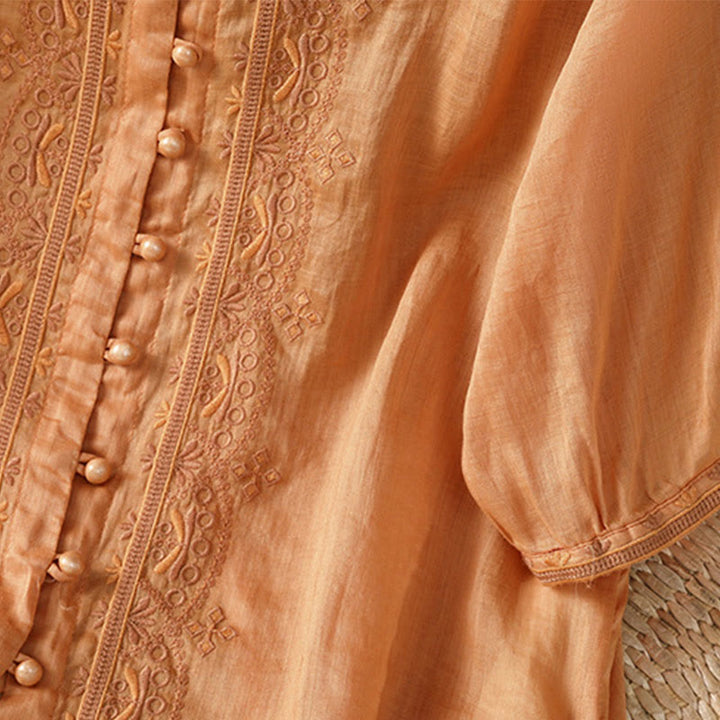 Chemise décontractée à manches mi-longues et col en V pour femme, en polyester, avec broderie Buddha Stones et boutons grenouille - image 23