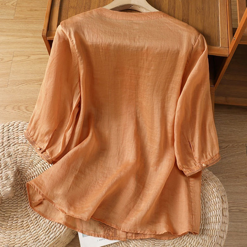 Chemise décontractée à manches mi-longues et col en V pour femme, en polyester, avec broderie Buddha Stones et boutons grenouille - image 19