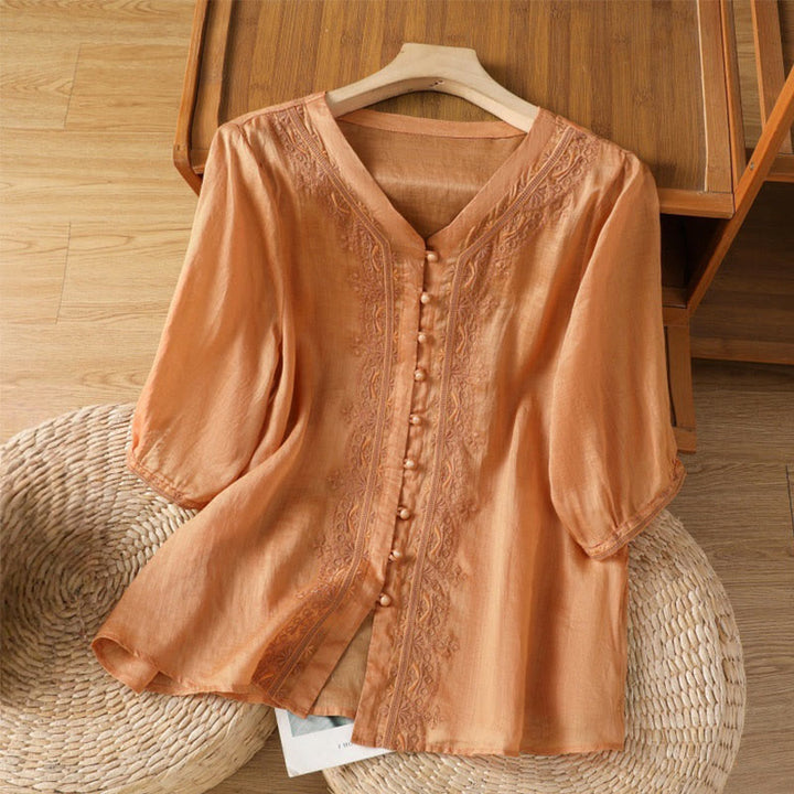 Chemise décontractée à manches mi-longues et col en V pour femme, en polyester, avec broderie Buddha Stones et boutons grenouille - SandyBrown - US12，UK/AU16，EU44 (2XL) - image 18