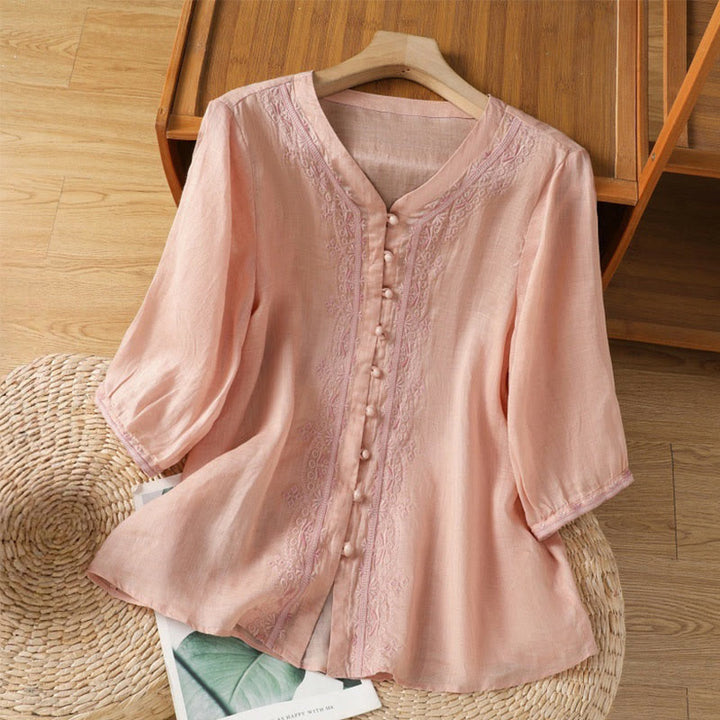 Chemise décontractée à manches mi-longues et col en V pour femme, en polyester, avec broderie Buddha Stones et boutons grenouille - MistyRose - US12，UK/AU16，EU44 (2XL) - image 24
