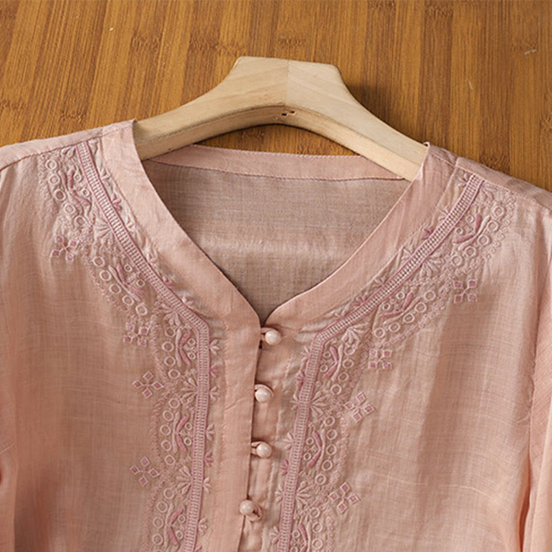 Chemise décontractée à manches mi-longues et col en V pour femme, en polyester, avec broderie Buddha Stones et boutons grenouille - image 29