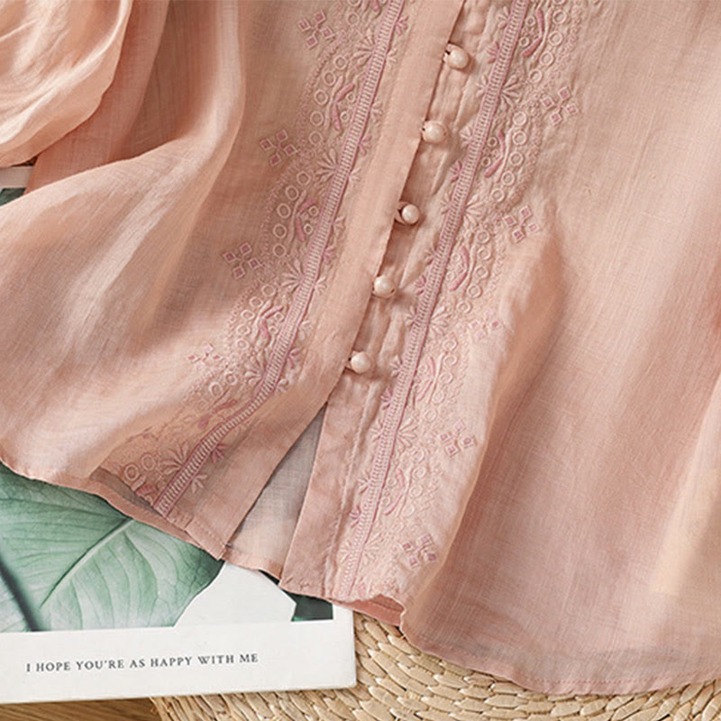 Chemise décontractée à manches mi-longues et col en V pour femme, en polyester, avec broderie Buddha Stones et boutons grenouille - image 27