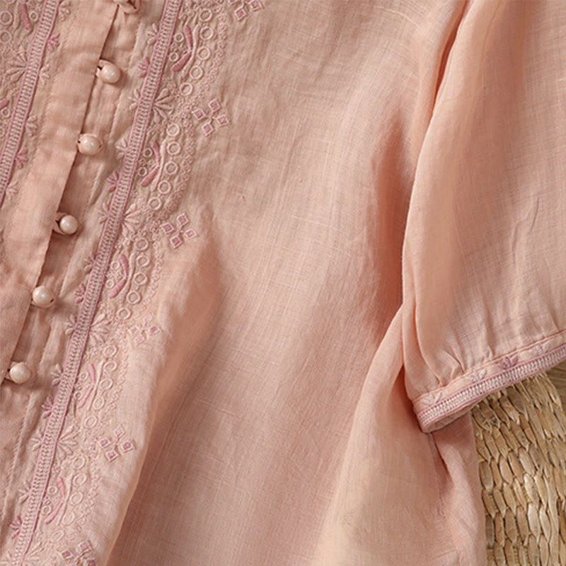 Chemise décontractée à manches mi-longues et col en V pour femme, en polyester, avec broderie Buddha Stones et boutons grenouille - image 30