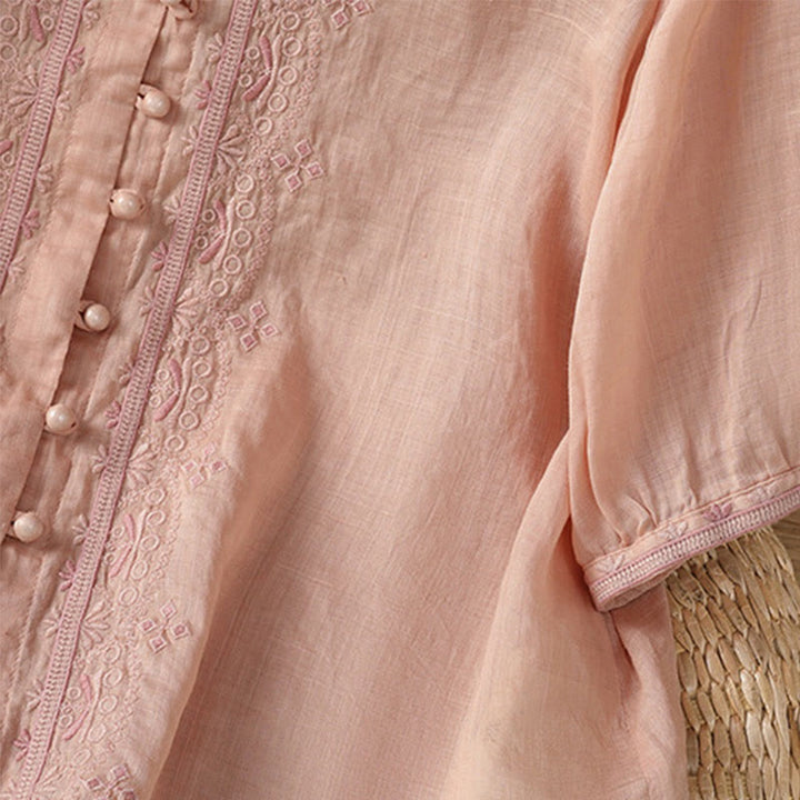 Chemise décontractée à manches mi-longues et col en V pour femme, en polyester, avec broderie Buddha Stones et boutons grenouille - image 30