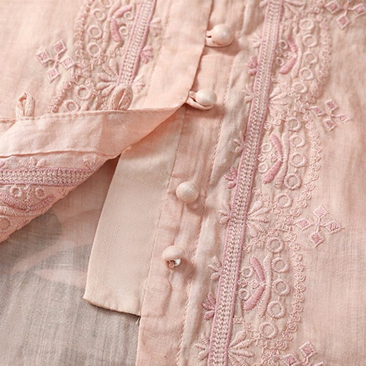 Chemise décontractée à manches mi-longues et col en V pour femme, en polyester, avec broderie Buddha Stones et boutons grenouille - image 28