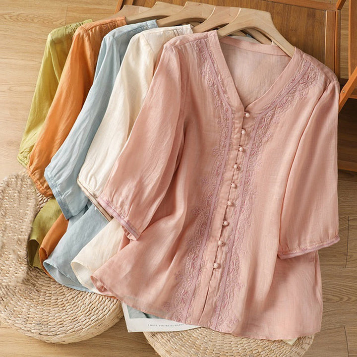 Chemise décontractée à manches mi-longues et col en V pour femme, en polyester, avec broderie Buddha Stones et boutons grenouille - image 31