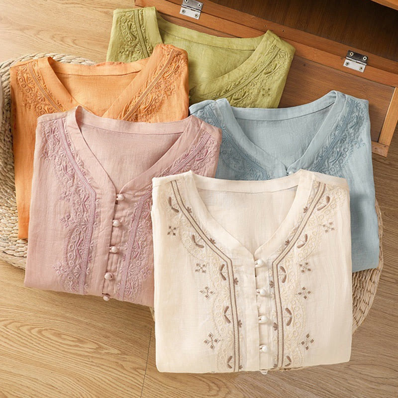 Chemise décontractée à manches mi-longues et col en V pour femme, en polyester, avec broderie Buddha Stones et boutons grenouille - image 32