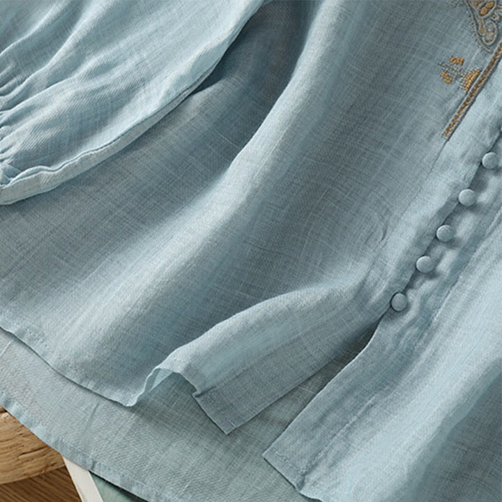 Chemise décontractée à simple boutonnage et col en V pour femme, en polyester, avec broderie Buddha Stones - image 4