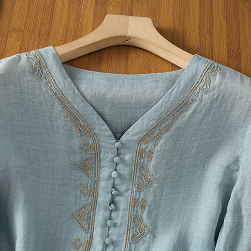 Chemise femme à col en V, broderie décontractée, à un bouton et manches courtes, ornée de Buddha Stones - image 2