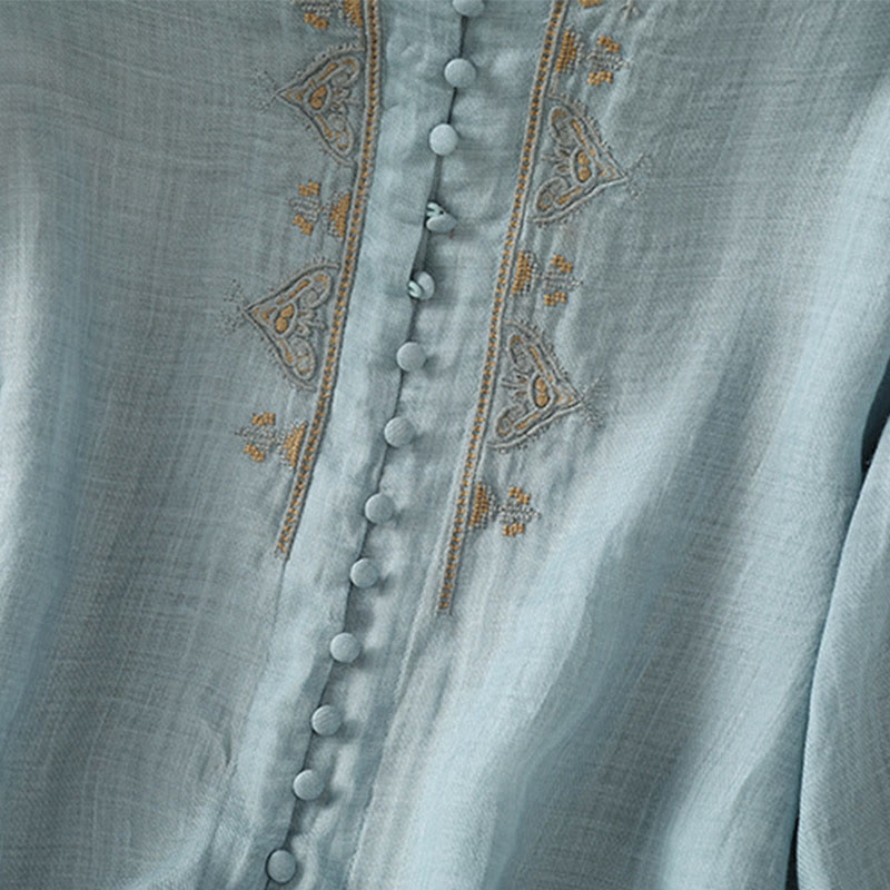Chemise femme à col en V, broderie décontractée, à un bouton et manches courtes, ornée de Buddha Stones - image 8