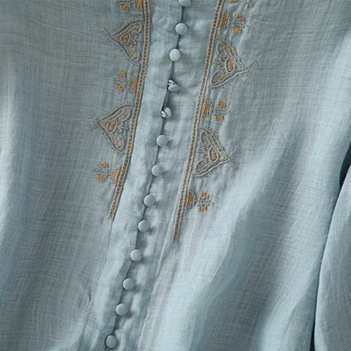 Chemise femme à col en V, broderie décontractée, à un bouton et manches courtes, ornée de Buddha Stones - image 8
