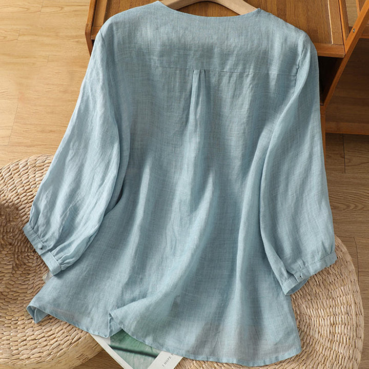 Chemise femme à col en V, broderie décontractée, à un bouton et manches courtes, ornée de Buddha Stones - image 1