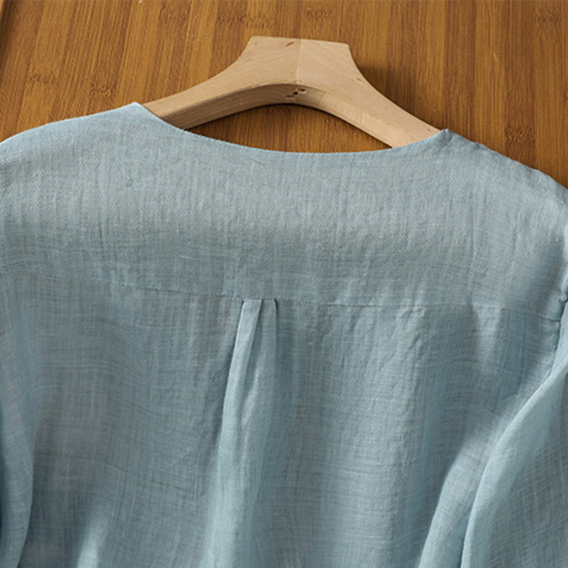 Chemise femme à col en V, broderie décontractée, à un bouton et manches courtes, ornée de Buddha Stones - image 3