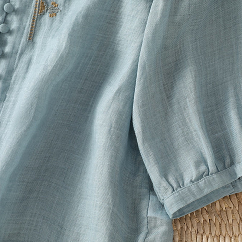 Chemise femme à col en V, broderie décontractée, à un bouton et manches courtes, ornée de Buddha Stones - image 5